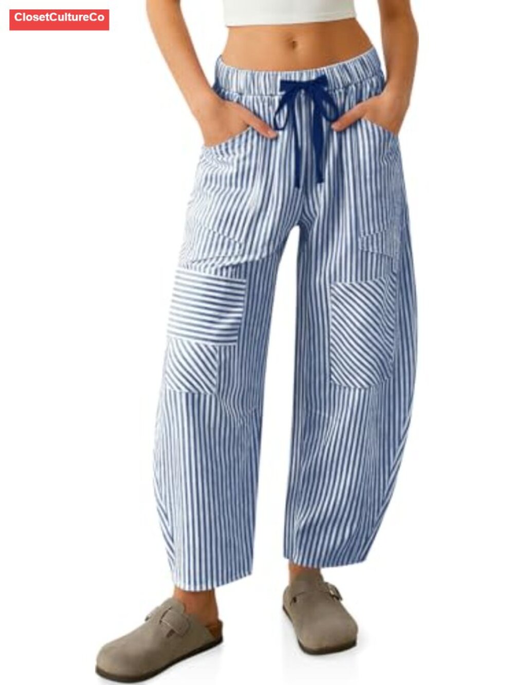 TARSE Women's Striped Linen Blend Barrel Pants with Pockets Y2K Patchwork